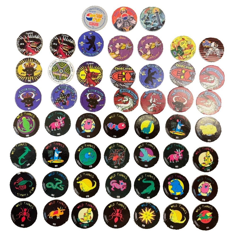 Lot of 52 Vintage Pogs Milk Caps Wild Things Tribe Vibe Mighty‎ Knights Pepsi